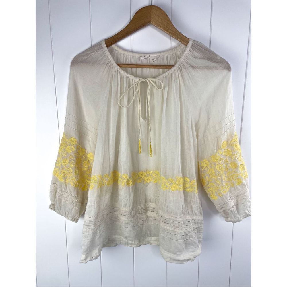 Anthropologie Floreat Embroidered Cream and Yellow Beaded Peasant Blouseโ XS